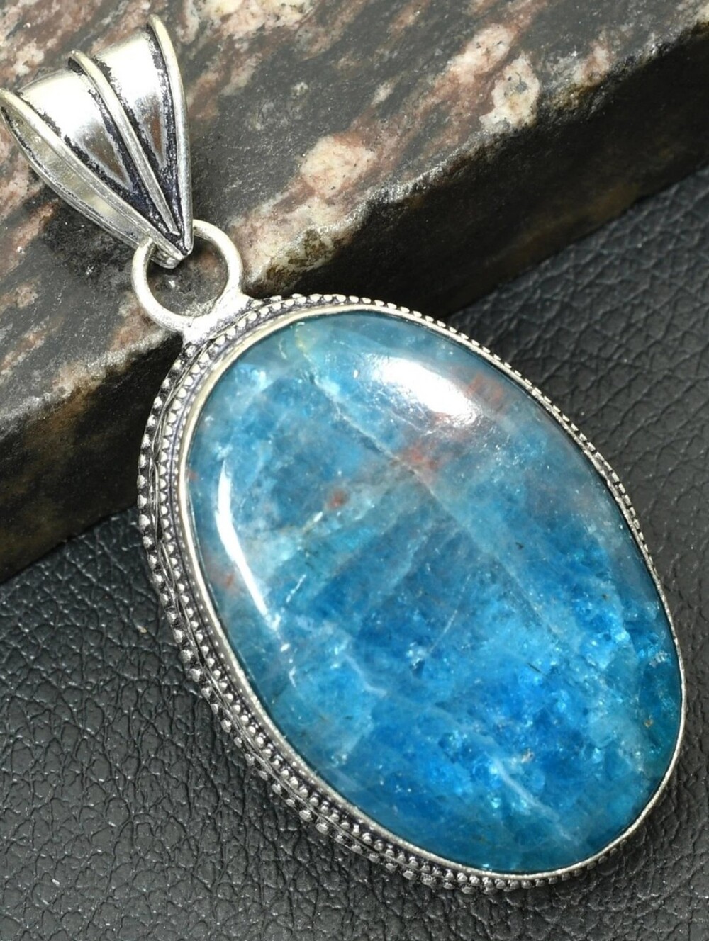 Natural Neon Blue Apatite Gemstone Silver Statement Pendant